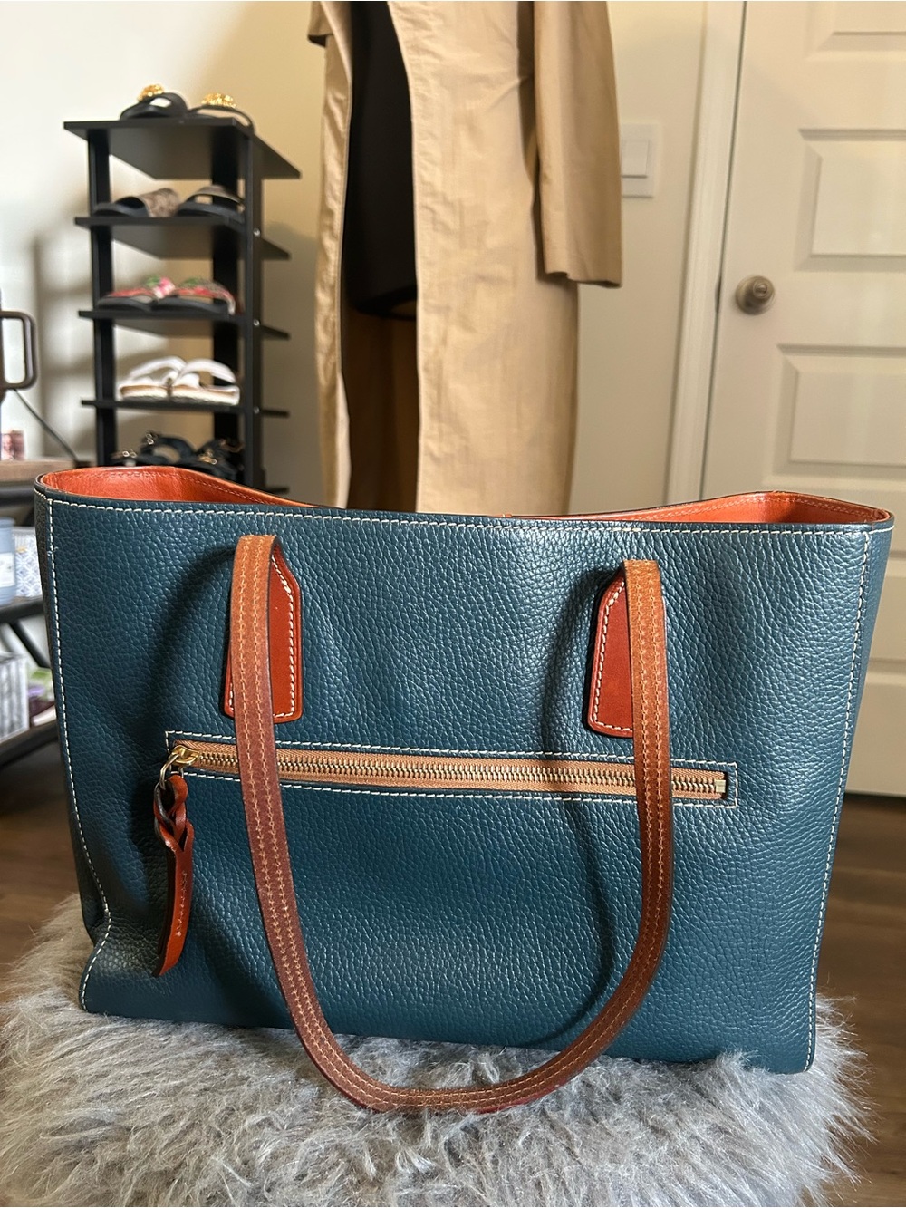 Dooney & Bourke Teal Pebbled Leather Tote with Brown Trim - Picture 2 of 9